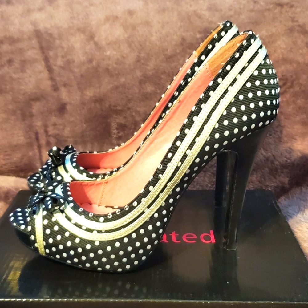 Not Rated Black and White Polka Dot Peep Toe Heels - Picture 3 of 4